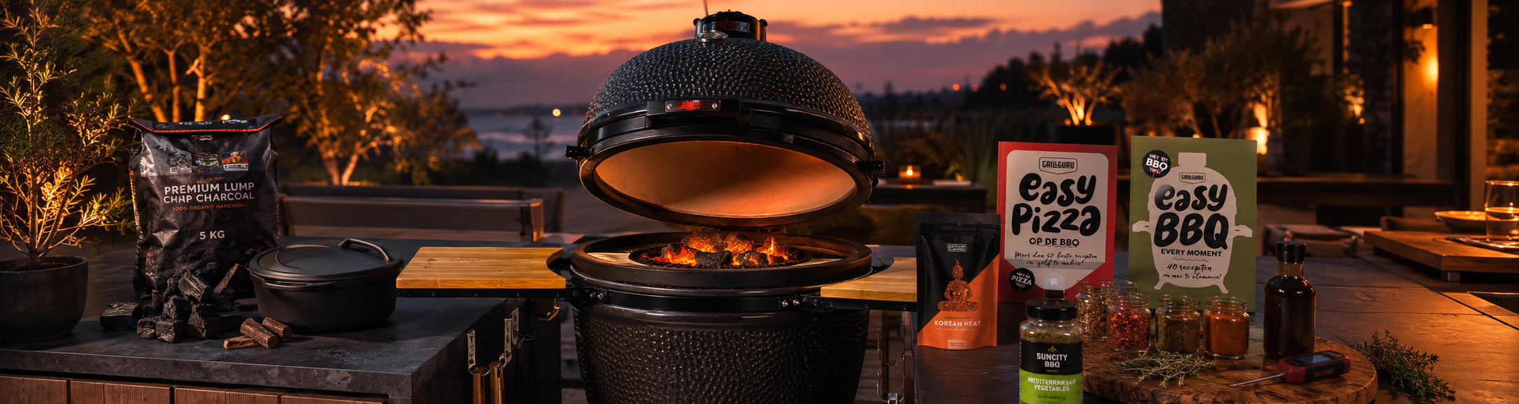 Grill Guru kamado op buitenkeuken met houtskool, rubs en BBQ accessoires — verkrijgbaar bij BBQ Shop Harmelen in Harmelen