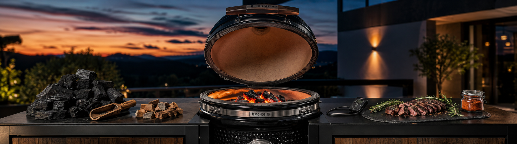 Monolith Classic Pro kamado op buitenkeuken met premium accessoires en houtskool — verkrijgbaar bij BBQ Shop Harmelen in Harmelen