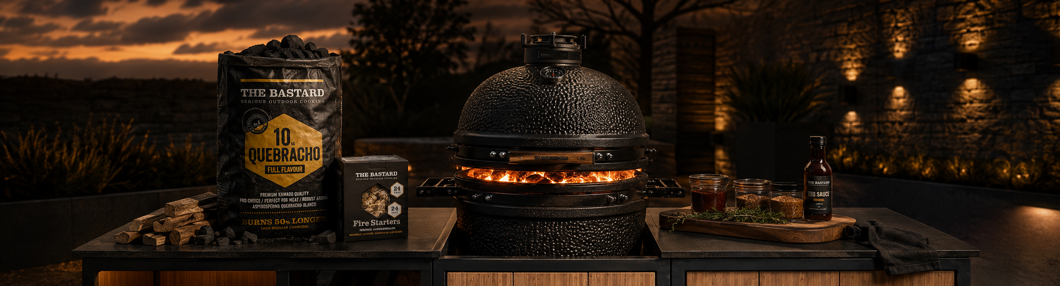 The Bastard kamado op buitenkeuken met Quebracho houtskool, aanmaakblokjes en BBQ saus — officieel verkrijgbaar bij BBQ Shop Harmelen in Harmelen
